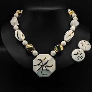 VINTAGE Japanese Hand Painted Ceramic Modernist Necklace & Clipon Earrings Set